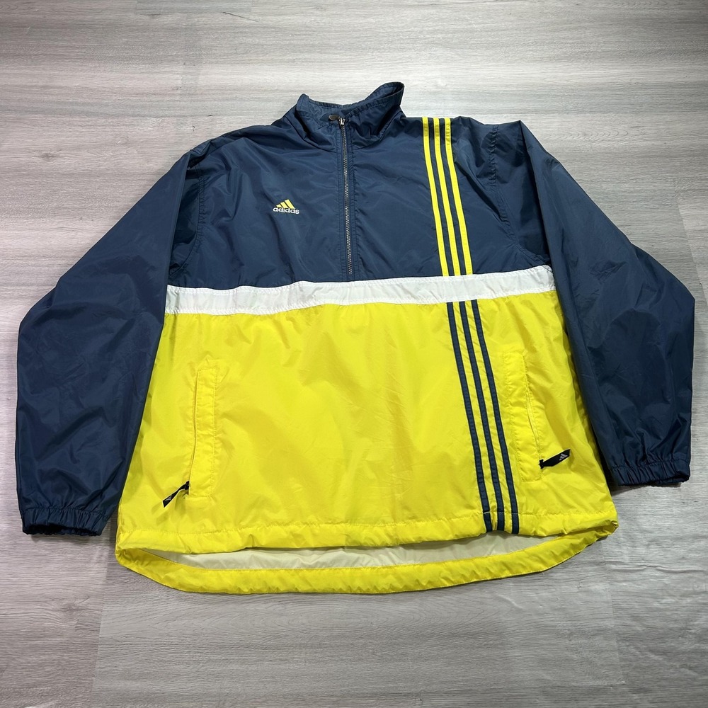 VTG Adidas Jacket Mens Large Blue Yellow Colorblock Vented Pullover Windbreaker